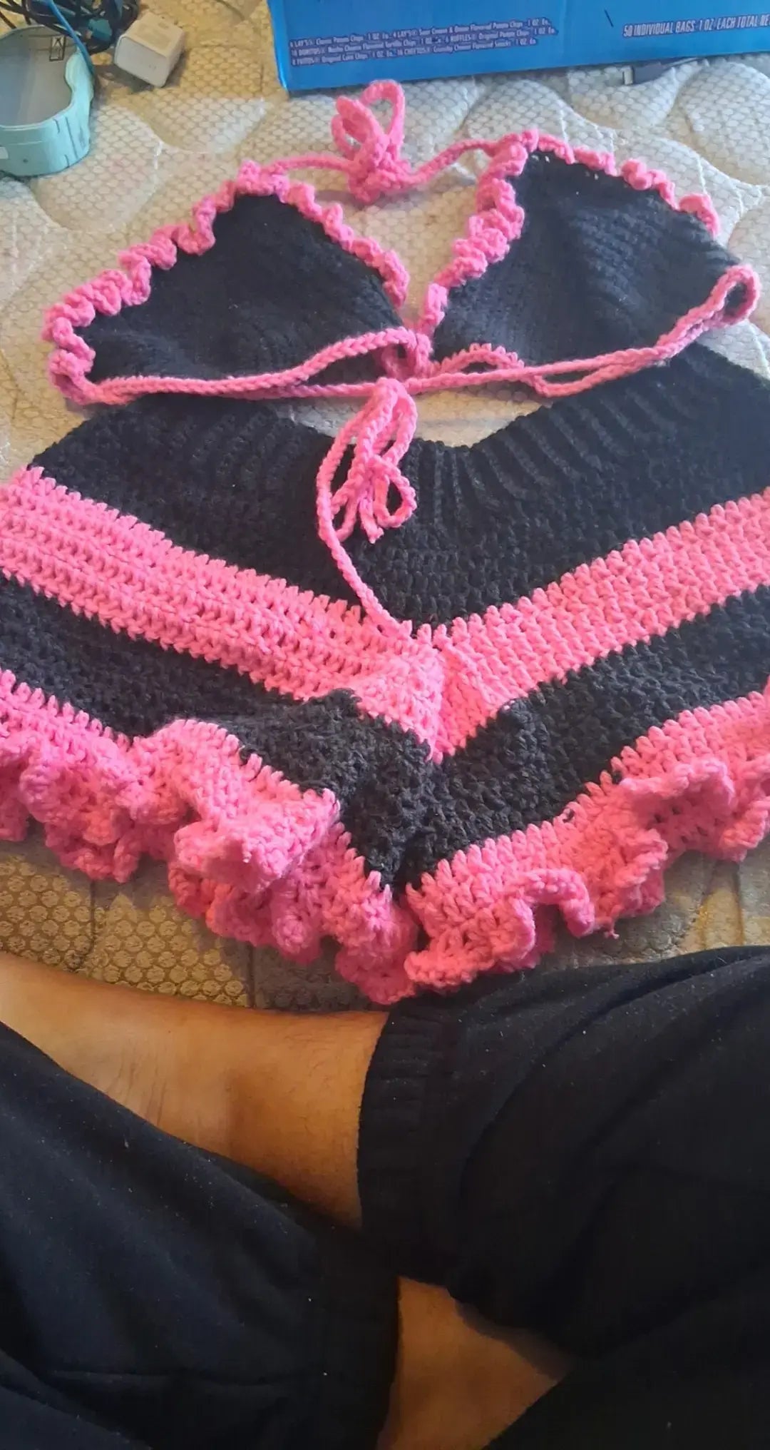 Black and pink ruffle set with striped shorts