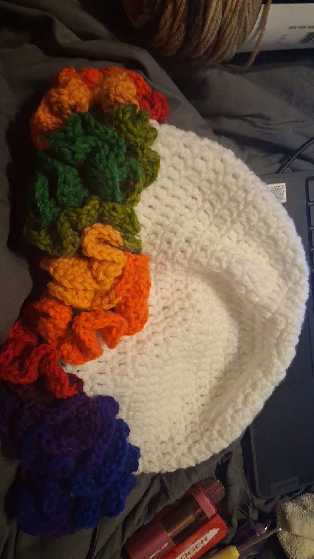 White hat with rainbow ruffles hat 🤍🌈